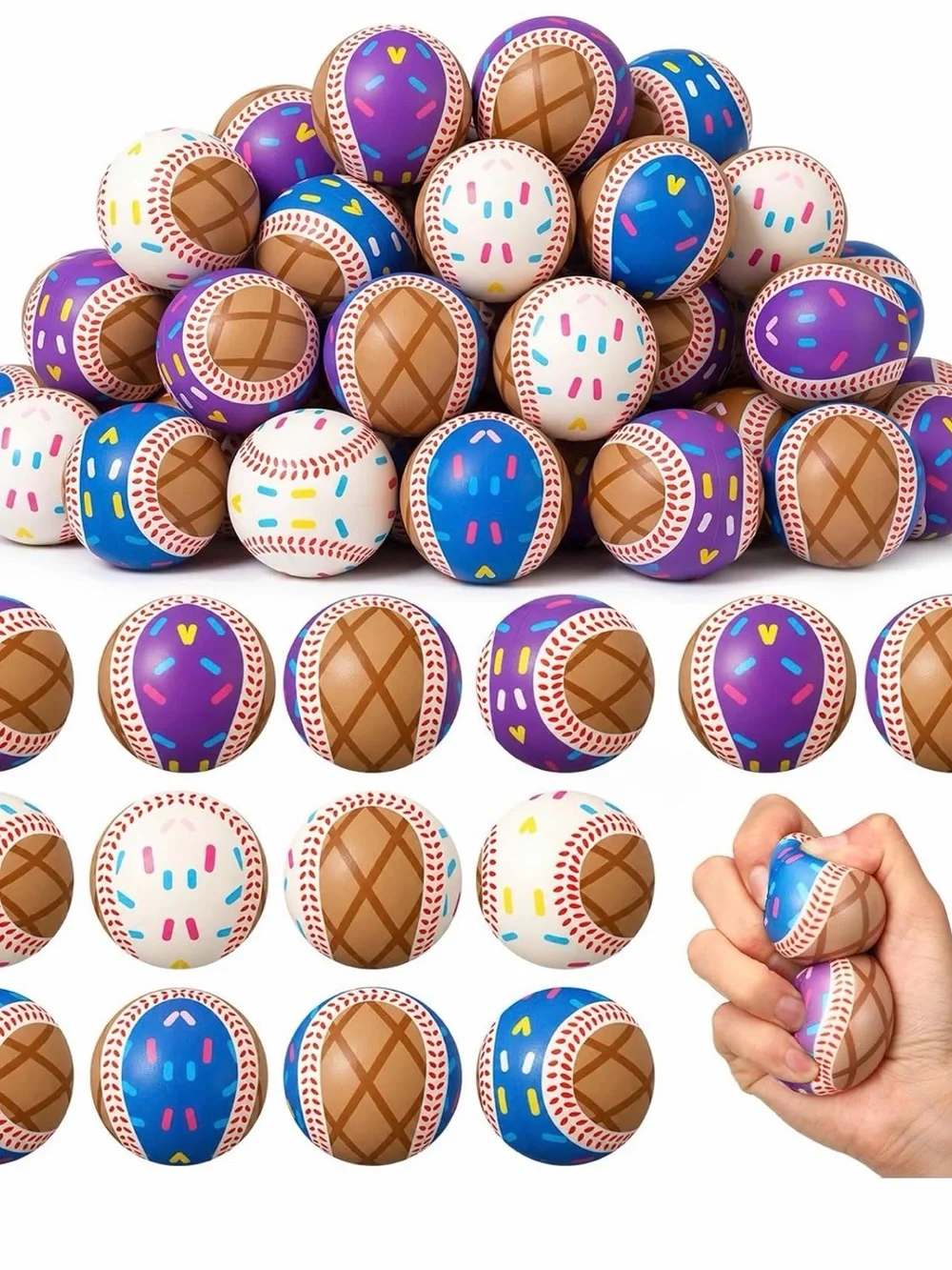 Ice Cream Baseball Squeeze Stress Balls - Blue, Purple, White - 24 Party Favors